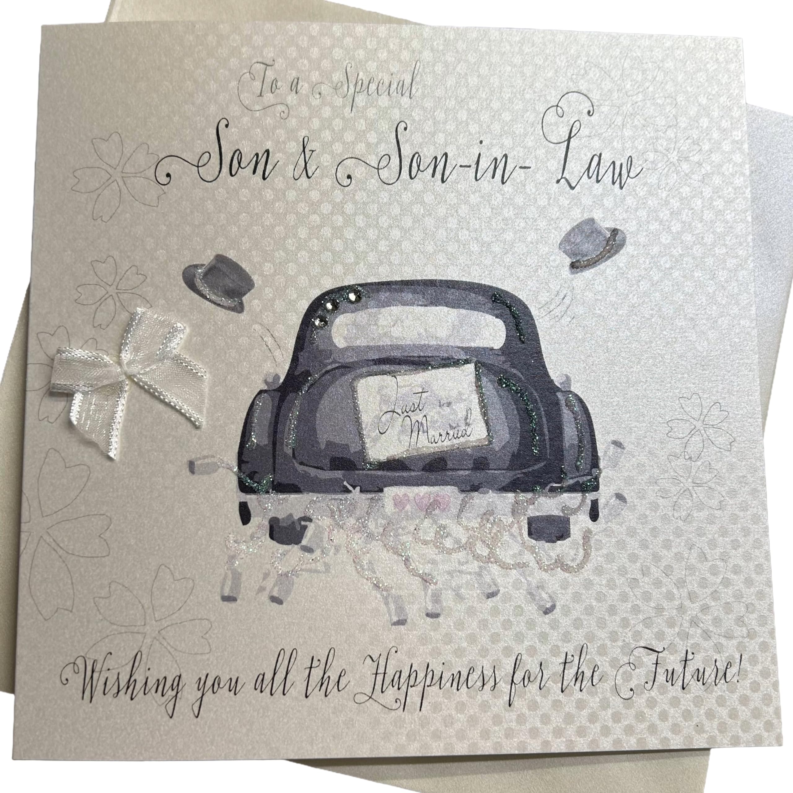 white cotton cards Son and Son-in-Law Handmade Wedding Card with Civil Partnership Car