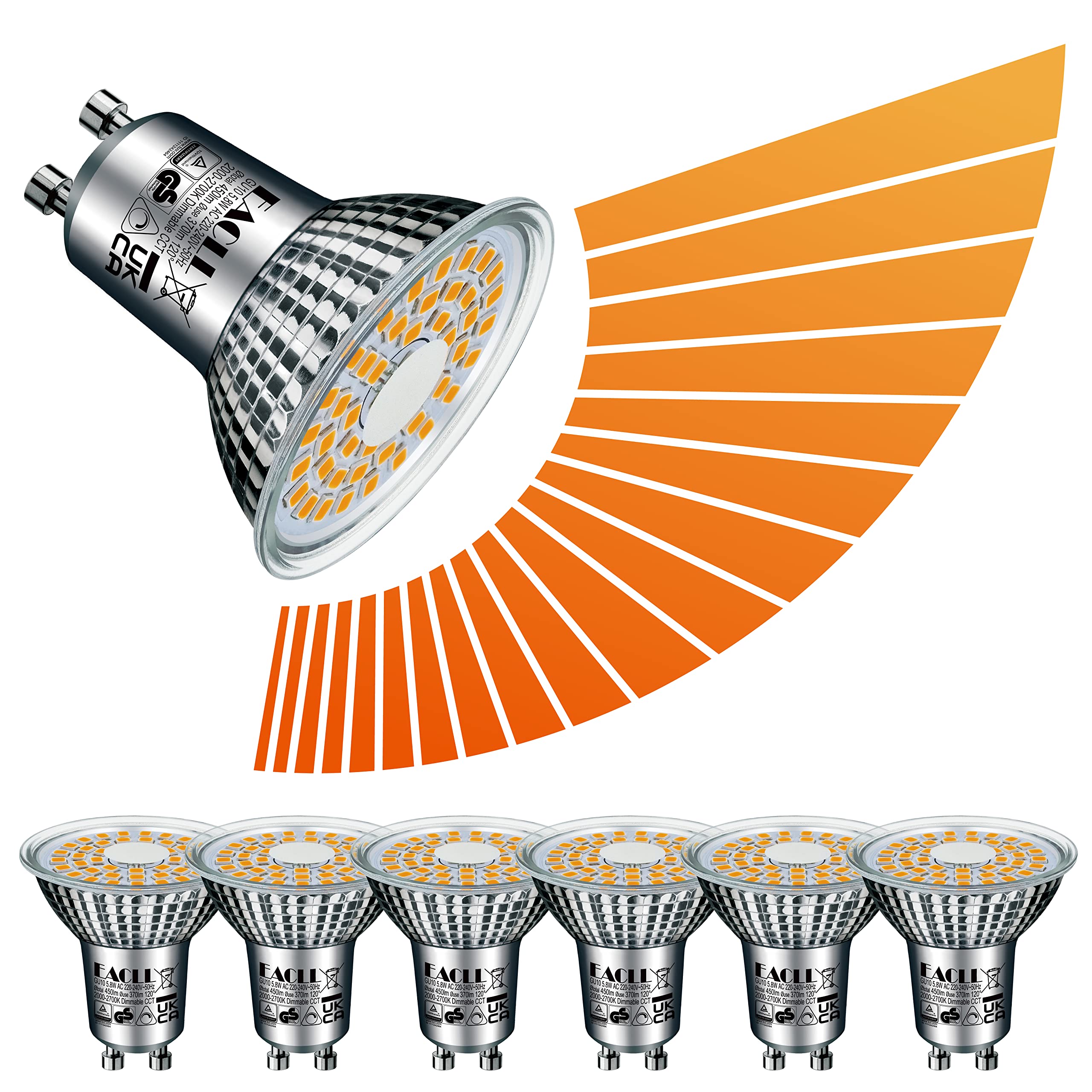 EACLL GU10 LED Bulbs Dimmable Warm White 5.8W 2000K-2700K, 35W Halogen Lamp Equivalent. 370 Lumen Energy Saving Light Source, Stepless Continuous Dimming, Wide Beam 120° Reflector Spotlight, 6 Pack