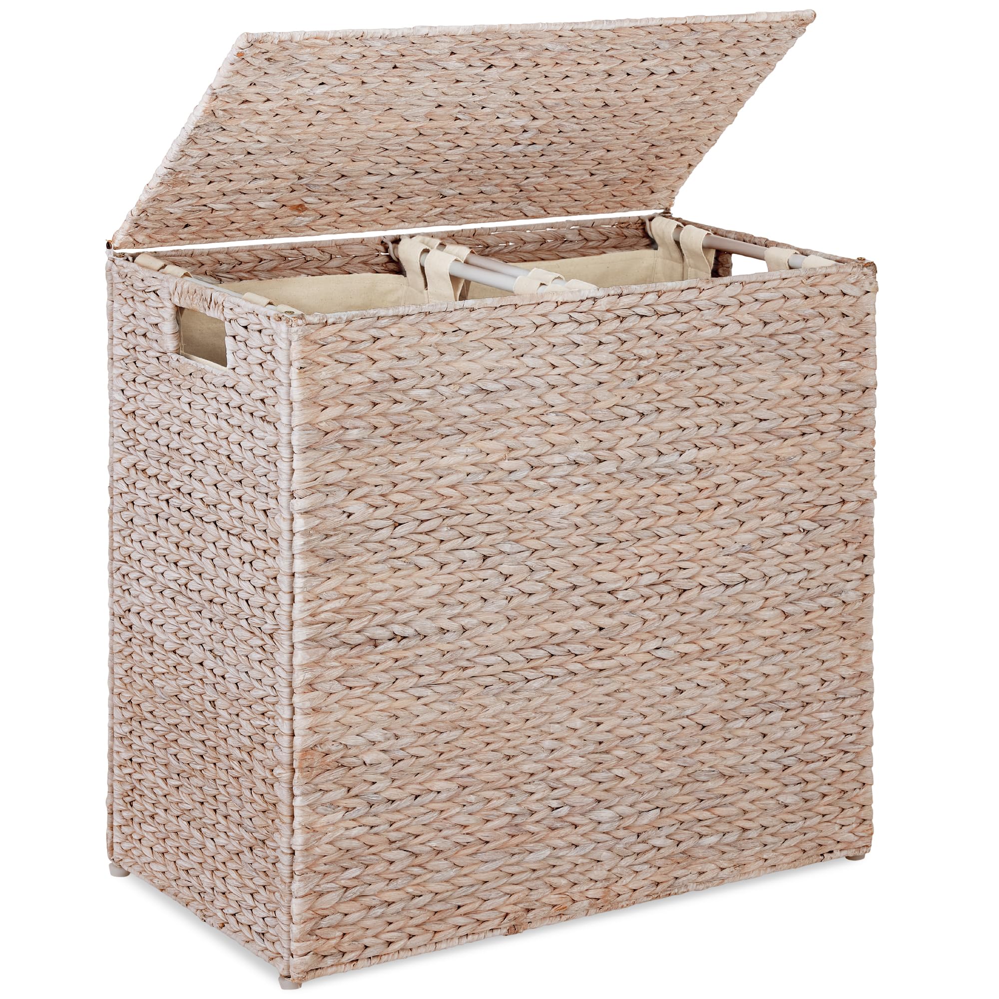 Best Choice Products Large Double Laundry Hamper with Lid, Natural Handwoven Water Hyacinth, 2 Sections w/ 2 Machine Washable Linen Liner Bags, Portable, Handles - Whitewash