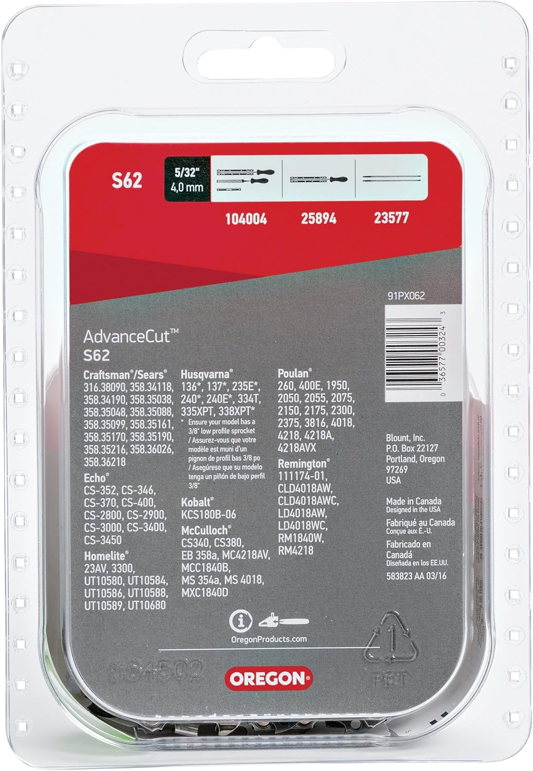 Oregon S62 AdvanceCut Chainsaw Chain for 18-Inch Bar; Fits Echo CS-400 and CS-370, Poulan 2150 and 4180 & More, .050-Inch Gauge, 62 Drive Links : Chainsaw Chain : Garden & Outdoor