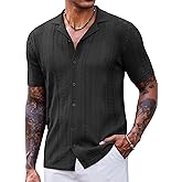 COOFANDY Men's Knit Shirts Vintage Short Sleeve Button Down Shirt Casual Summer Beach Shirt