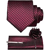 JEMYGINS Mens Solid Color Plaid Tie and Lapel Pin Necktie Pocket Square and Tie Clip with Sets for Business Casual 4PCS