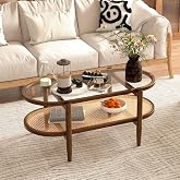 Moccha Boho Coffee Table, 2-Tier Center Table with Tempered Glass Tabletop &amp; PE Rattan Storage Shelf, Mid Century Modern Tea Table with Wood Frame, 40" L Oval Accent Table for Living Room, Office