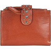 VILENCA HOLLAND 4.75 Inch Genuine Italian Leather Boho Studded Bifold Wallet – Zipper Coin Purse & Credit Card Holder for Women (Cognac)