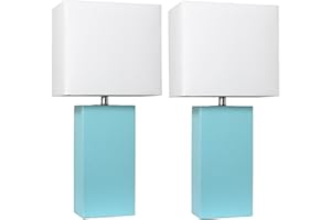 Elegant Designs LC2000-AQU-2PK 2 Pack Modern Leather Table Lamps with White Fabric Shades, Aqua, 2 Count, 10 L x 6 W x 21 H