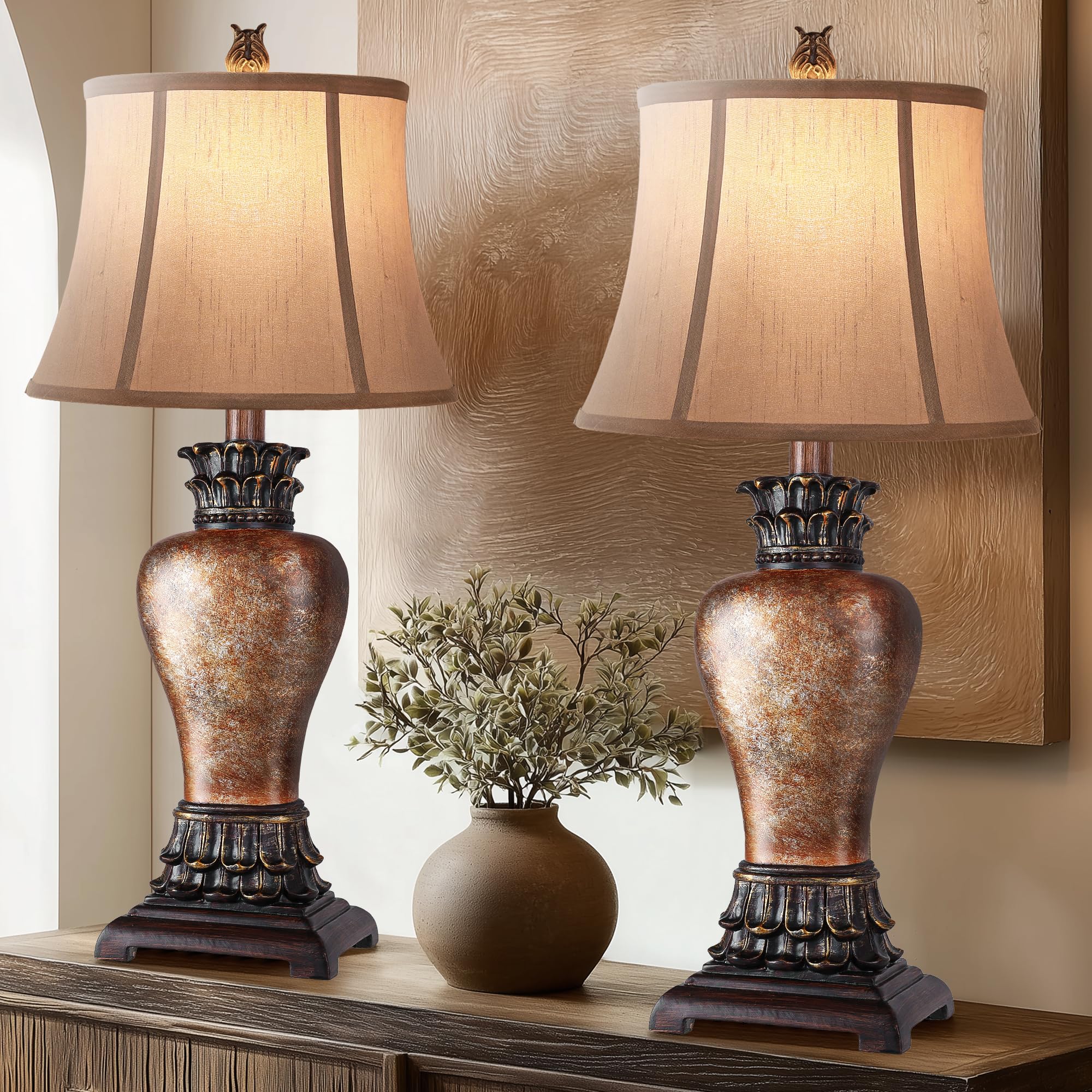 Photo 1 of Hamucd 27" Set of 2 Tall Farmhouse Rustic Table Lamps for Living Room,3-Color Temperature Dimmable Western Bedroom Lamps for Night Stands Traditional Antique Decor (Brown)