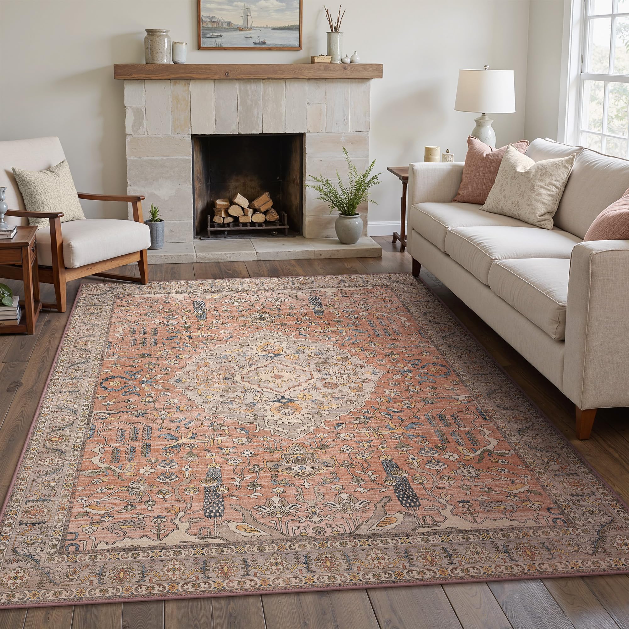 Bavni 8x10 Area Rugs for Living Room, Machine Washable Rug Lightweight Low Pile, Non Slip Rug Boho Print Decorative Carpet for Bedroom Dinner Room, Terracotta Brown