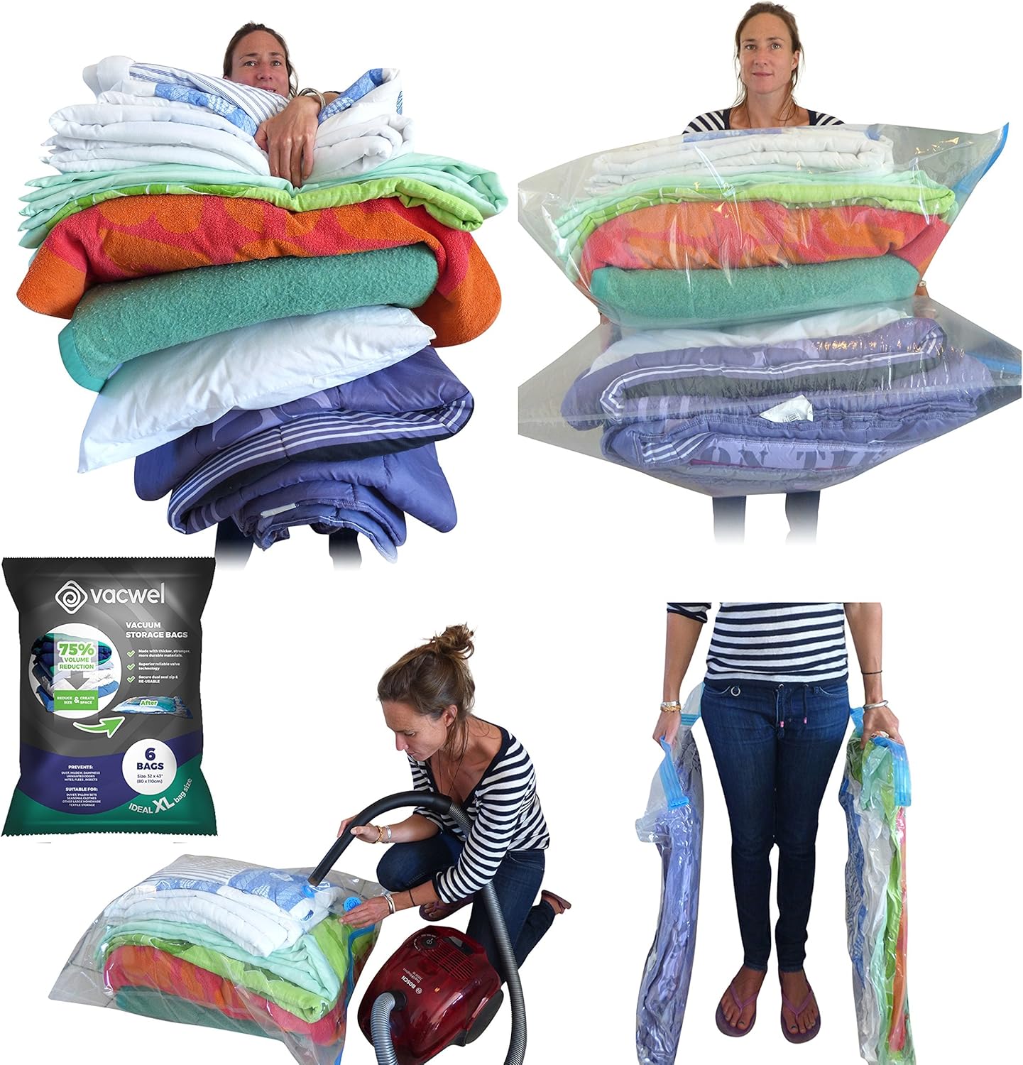 Vacwel Jumbo Vacuum Storage Bags for Clothes, Quilts, Pillows, Space Saver Size 43x30” Extra Strong (Pack of 6): Home & Kitchen