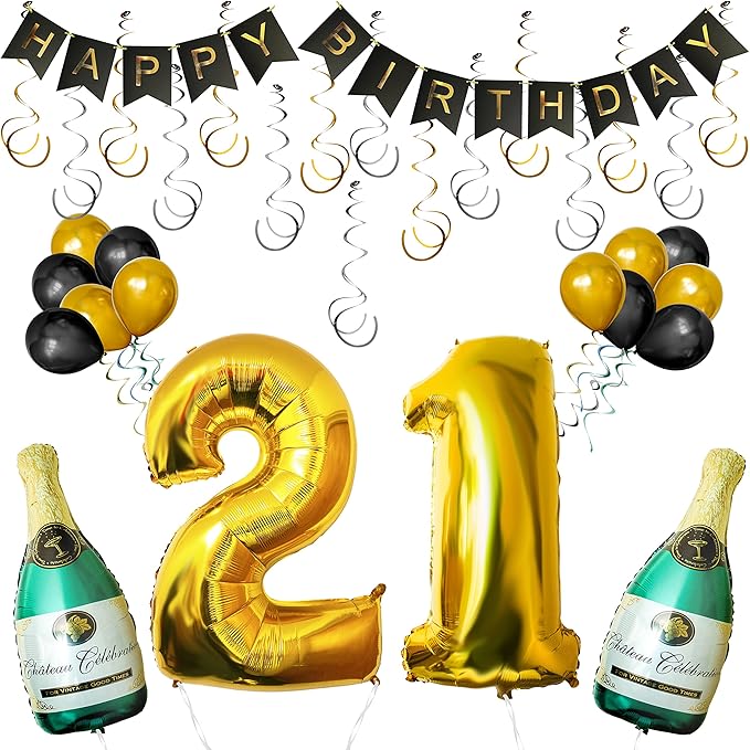 Bannière '21ème Et Joyeux Anniversaire' Noir Et Argent - Décoration Fête, Ballons, Points Polka