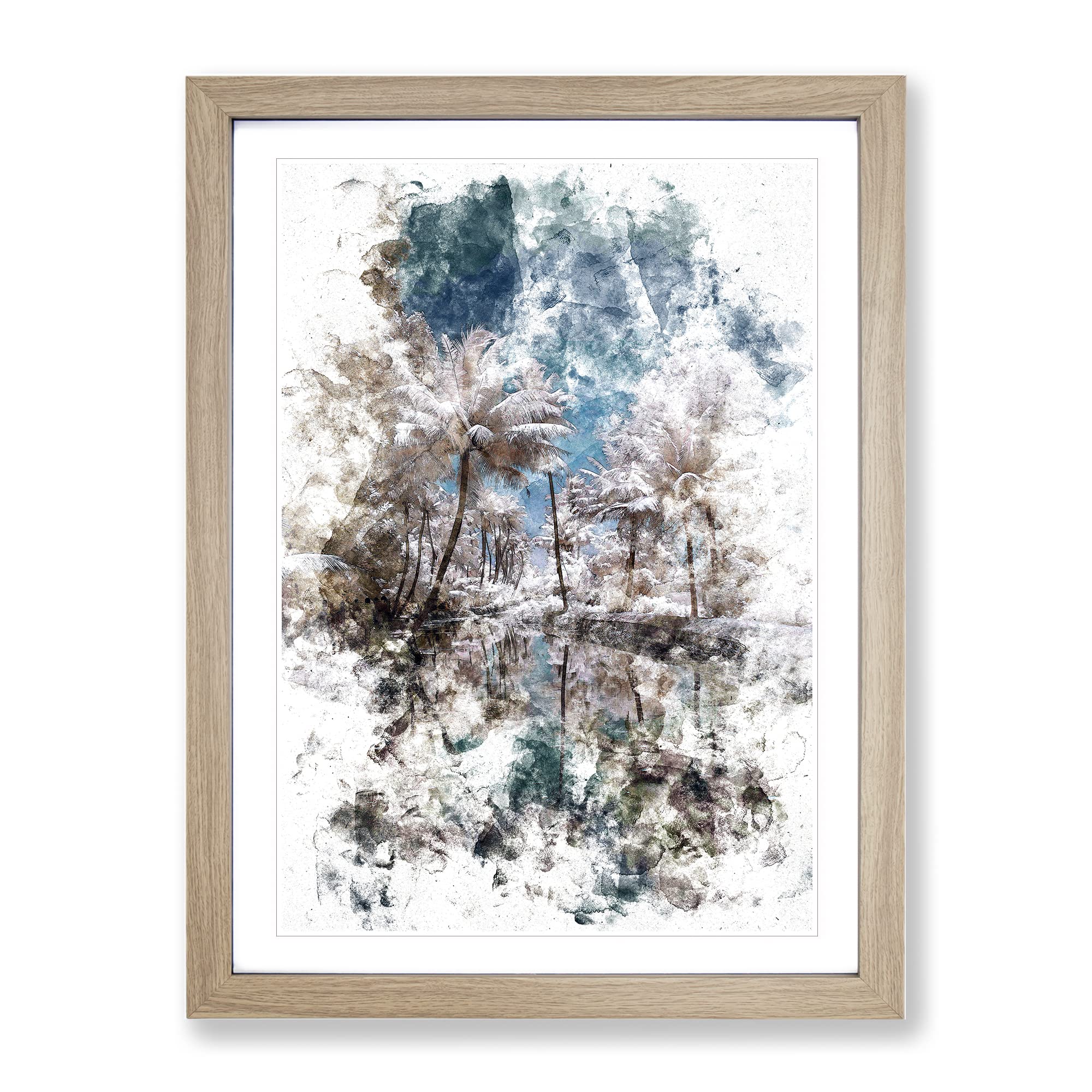 Tree View In Kerala India Watercolour Modern Framed Wall Art Print, Ready to Hang Picture for Living Room Bedroom Home Office Décor, Oak A4 (34 x 25 cm)