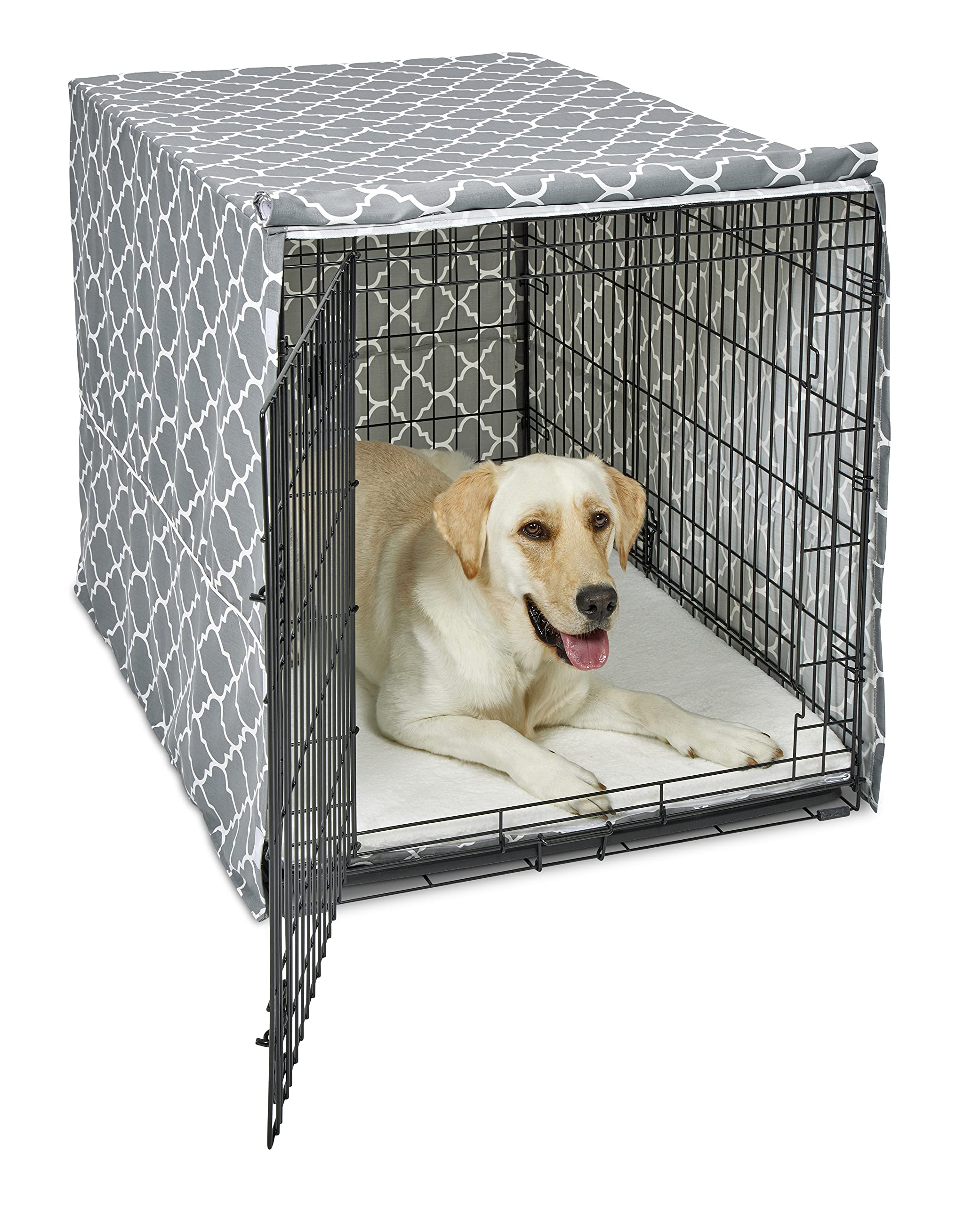 New World Large Dog Crate Cover Featuring Teflon Fabric Protector, Poly-Cotton Privacy Kennel Cover Fits Most 106cm Crates, Gray Designer Print, Machine Washable, Reduces Barking