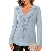 Gaharu Women's Dressy Blouses Long Sleeve Ruffle Shirts Casual Loose Fit Mesh Double Layers Flowy Tunic Tops