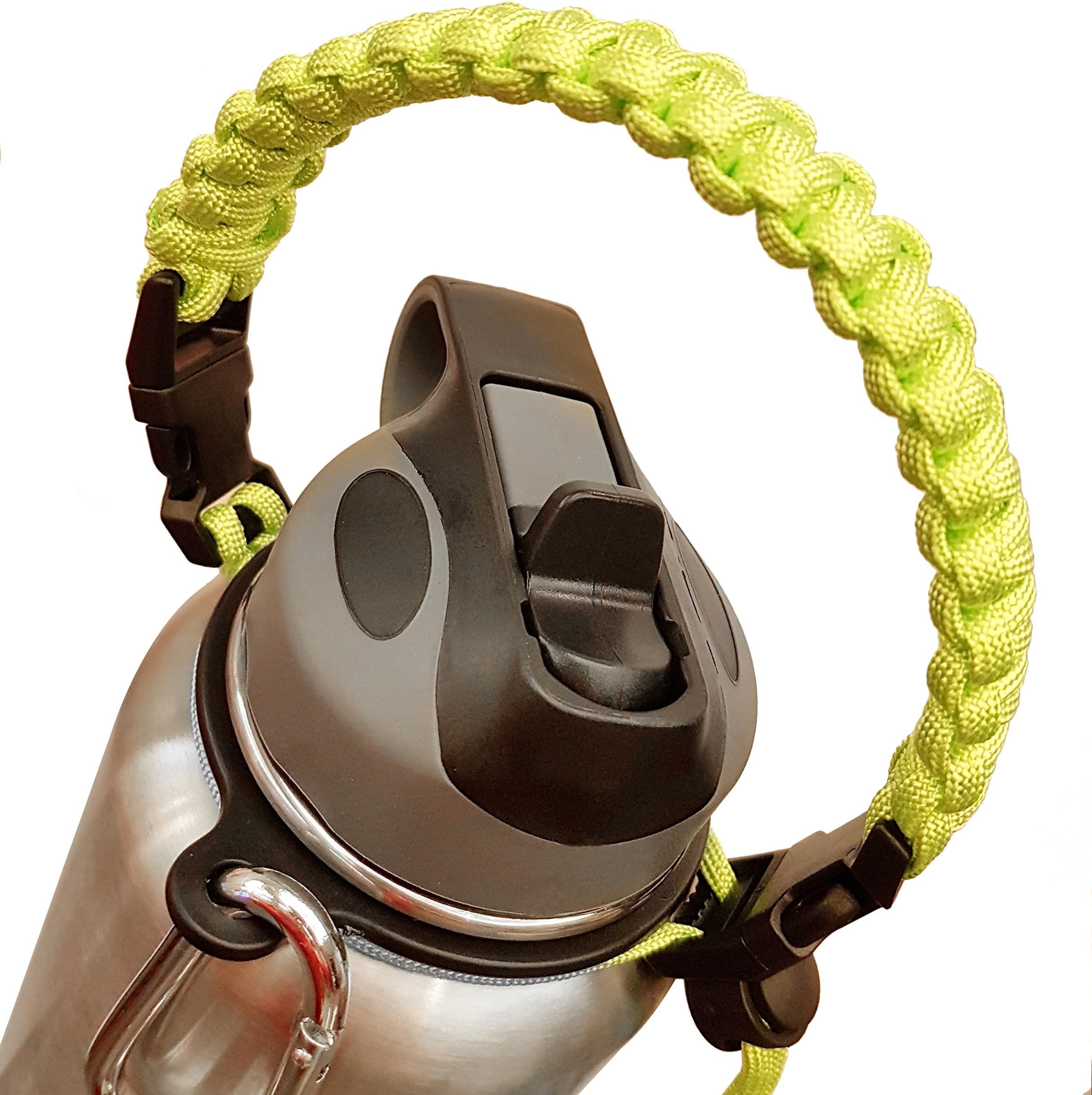 Paracord Hydro Flask Handle, Water Bottle Carrier with Safety Ring & Carabiner, Outdoor Sports Bike Water Bottle Holder for Hydro Flask Nalgene Camelbak & Wide Mouth Water Bottles 18oz – 64oz Green