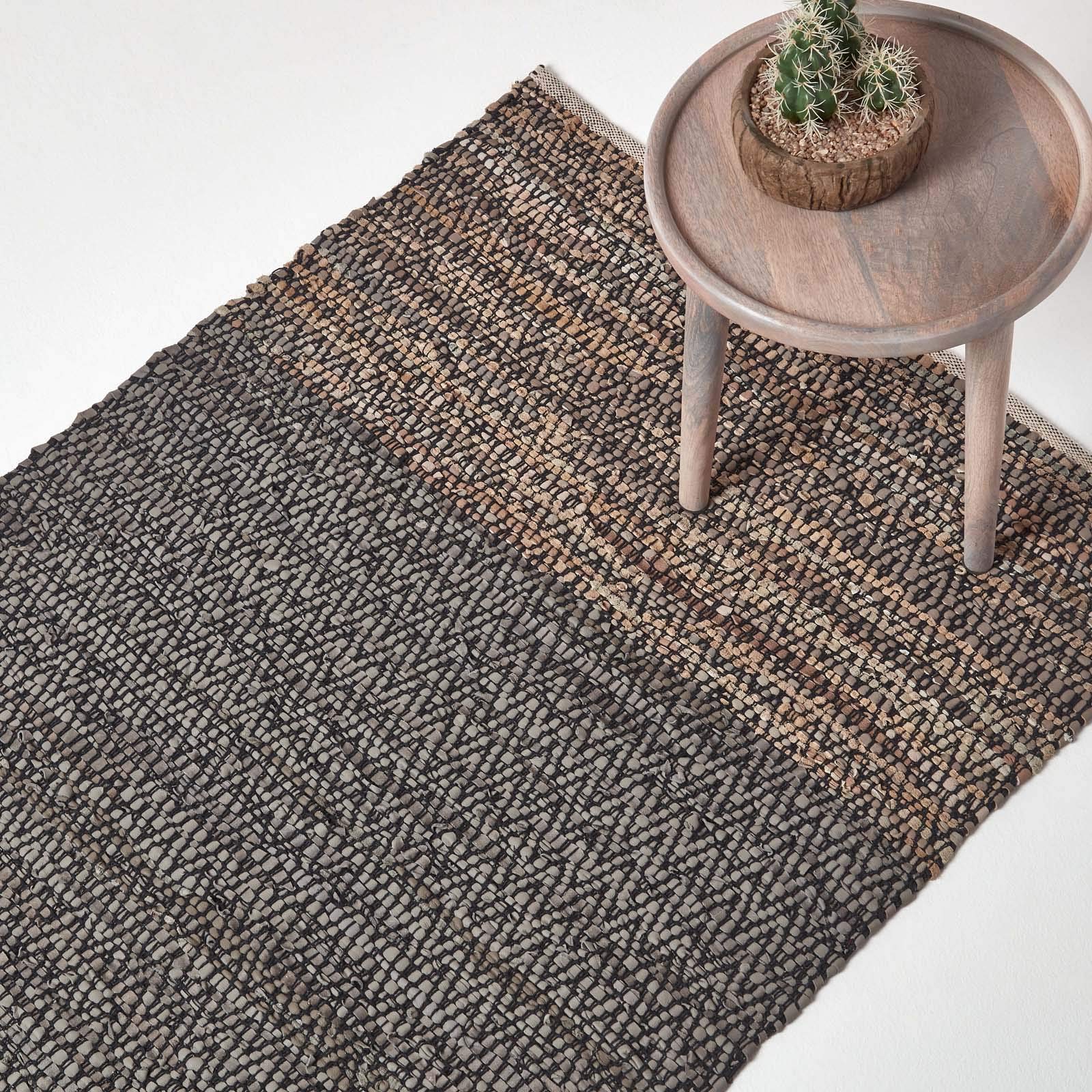 HOMESCAPES Grey Genuine Leather Rug Handwoven Herringbone Design Recycled Eco Friendly Real Leather Rug, 90 x 150 cm