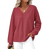 MASCOMODA Womens Tops Casual V Neck Waffle Knit Long Sleeve Shirts Trendy Loose Tunic Pullover Work Blouses Fall Outfits