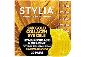 STYLIA Under Eye Patches for Dark Circles and Puffy Eyes (30 Pairs), 24k Gold Eye Mask for Dark Circles and Puffiness with Vitamin C, Hyaluronic Acid, and Pearl Extract, Collagen Eye Gel Pads for Puffiness