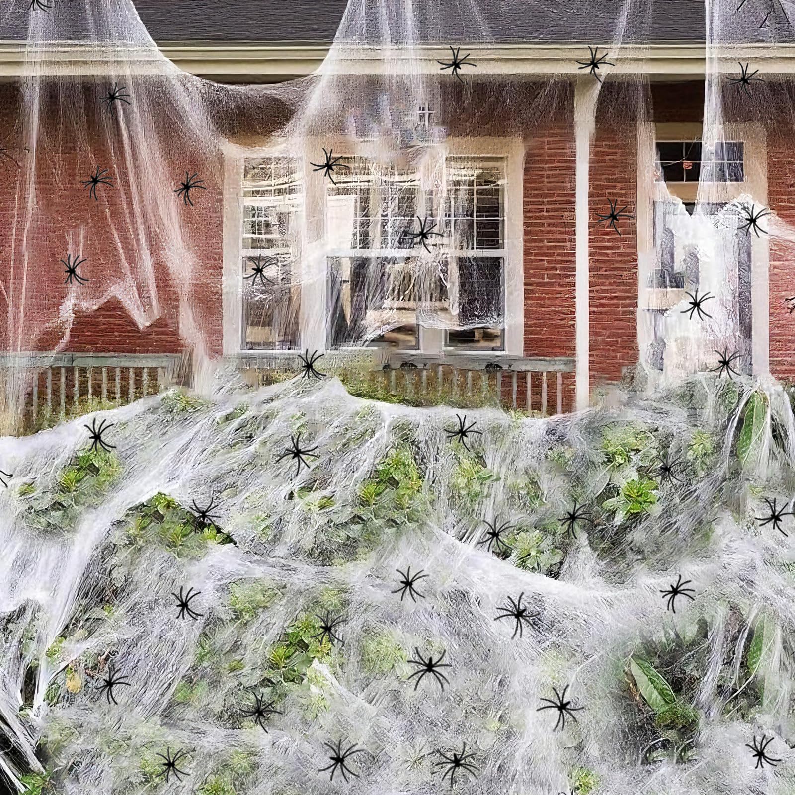 Photo 1 of 1000 sqft Halloween Spider Webs Decorations with 120 Extra Fake Spiders, Super Stretchy Cobwebs for Halloween Decor Indoor and Outdoor