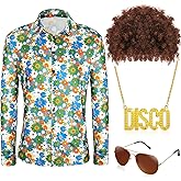 Shihanee 4 Pcs Mardi Gras Men 60s 70s Disco Costume Hippie Outfit Floral Shirt Wig Sunglass Gold Necklace for Cosplay Party