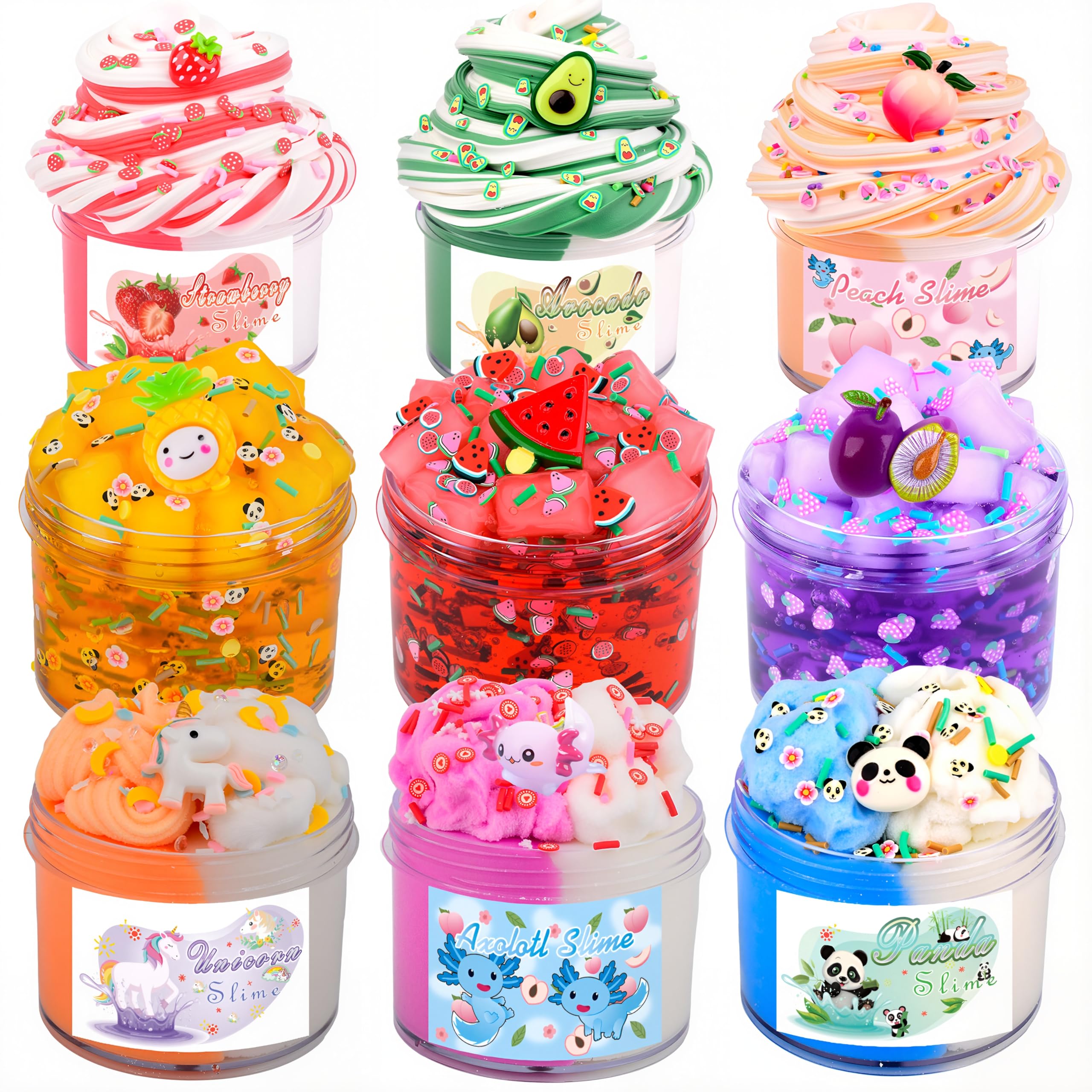 9 Pack Scented Slime Kit wich Butter Clear and Cloud Slime 3 Packs Each.Peach Axolotl Strawberry Add-ins,Jelly Cube Crystal Putty,Party Favor Easter Basket Stuffers for Kids