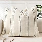 AELS 20x20 Decorative Farmhouse Linen Blend Throw Pillow Covers, Boho Textured Pillow Case, Set of 2, Beige with White & Gray Stitch Yarn Dyed Stripe Cushion Cover for Sofa Living Room (Cover ONLY)