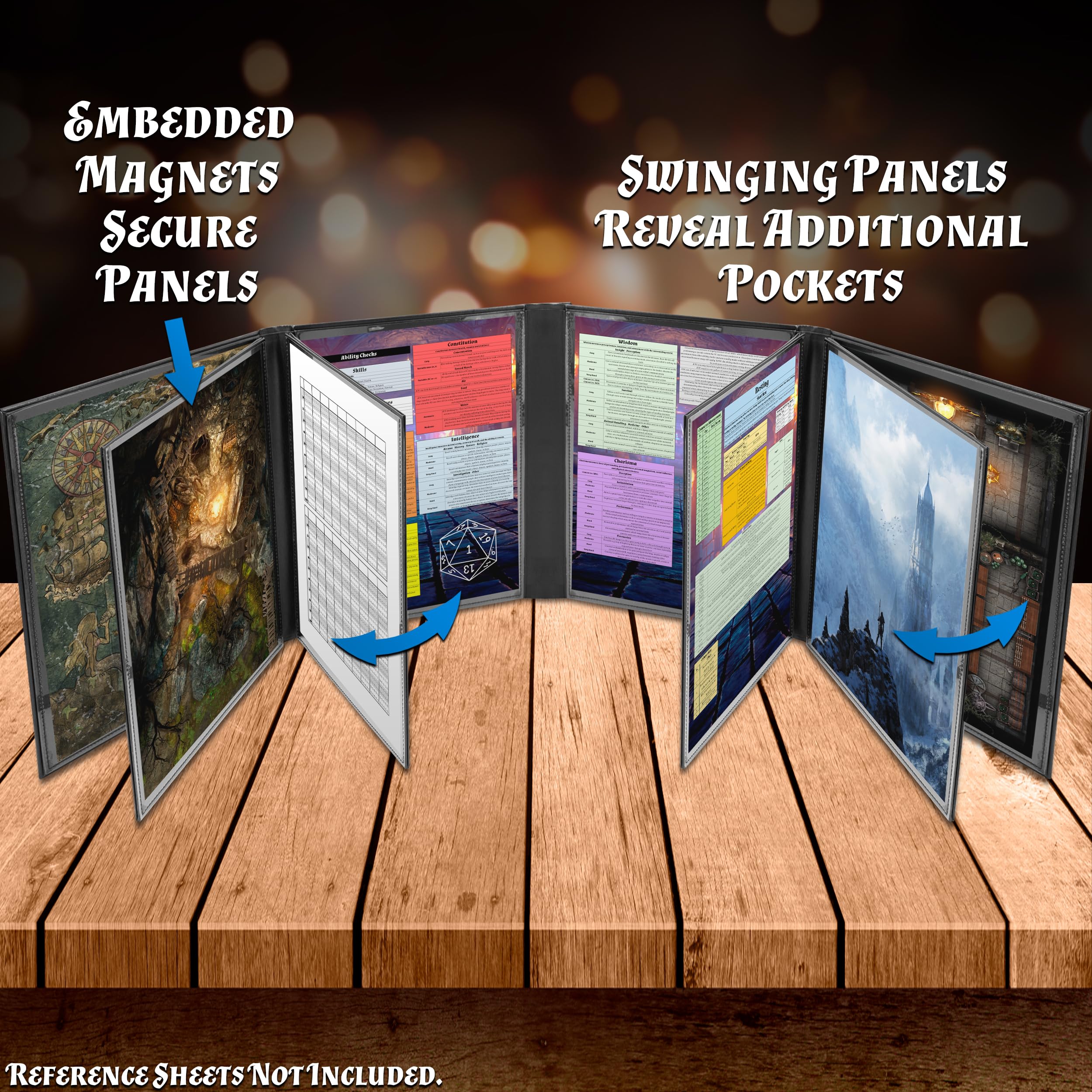 CASEMATIX DM Screen Faux Leather 12-Panel Deluxe GM Screen - Twelve Panel XL Folding Dungeon Master Screen with 4 Swinging Panels and Wet Erase Pockets for TTRPGs - Black, Inserts Not Included