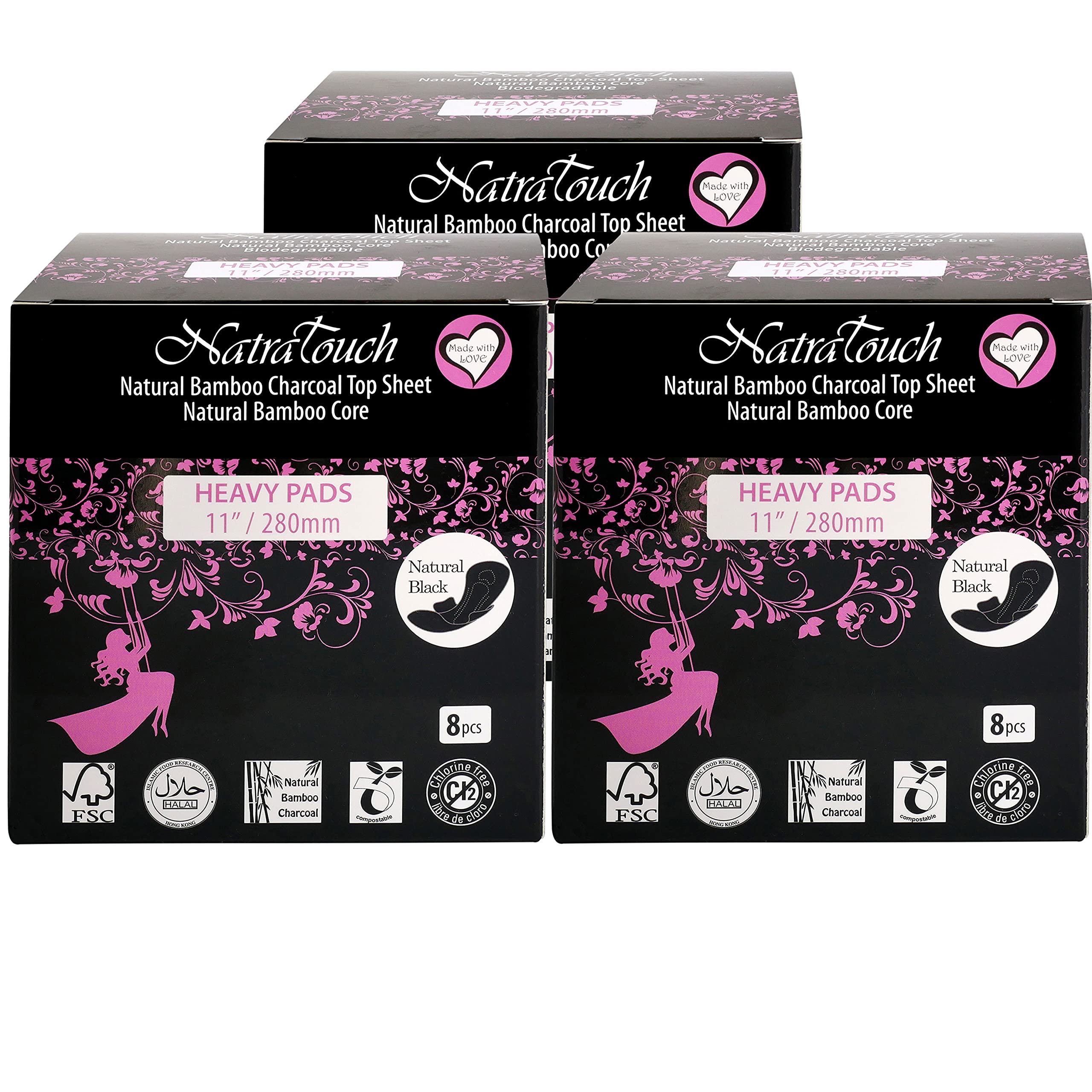 NATRATOUCH ~ COMPOSTABLE ~ Natural Bamboo Charcoal Sanitary Pads (Heavy PAD - 3 Pack)