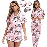 MEEYI Silk Satin Pajama Set for Women 3-piece Short Sleeve Pajama with Pants Ruffle Shorts Cute Pj Set Button Down Sleepwear