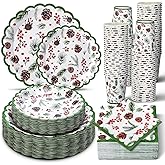 Domensi 250 Pcs Christmas Party Supplies Holly Leaf Berries Christmas Paper Plates and Napkins Cups Disposable Plates Napkins Tableware Set for 50 Guests for Xmas Winter Holiday Decoration