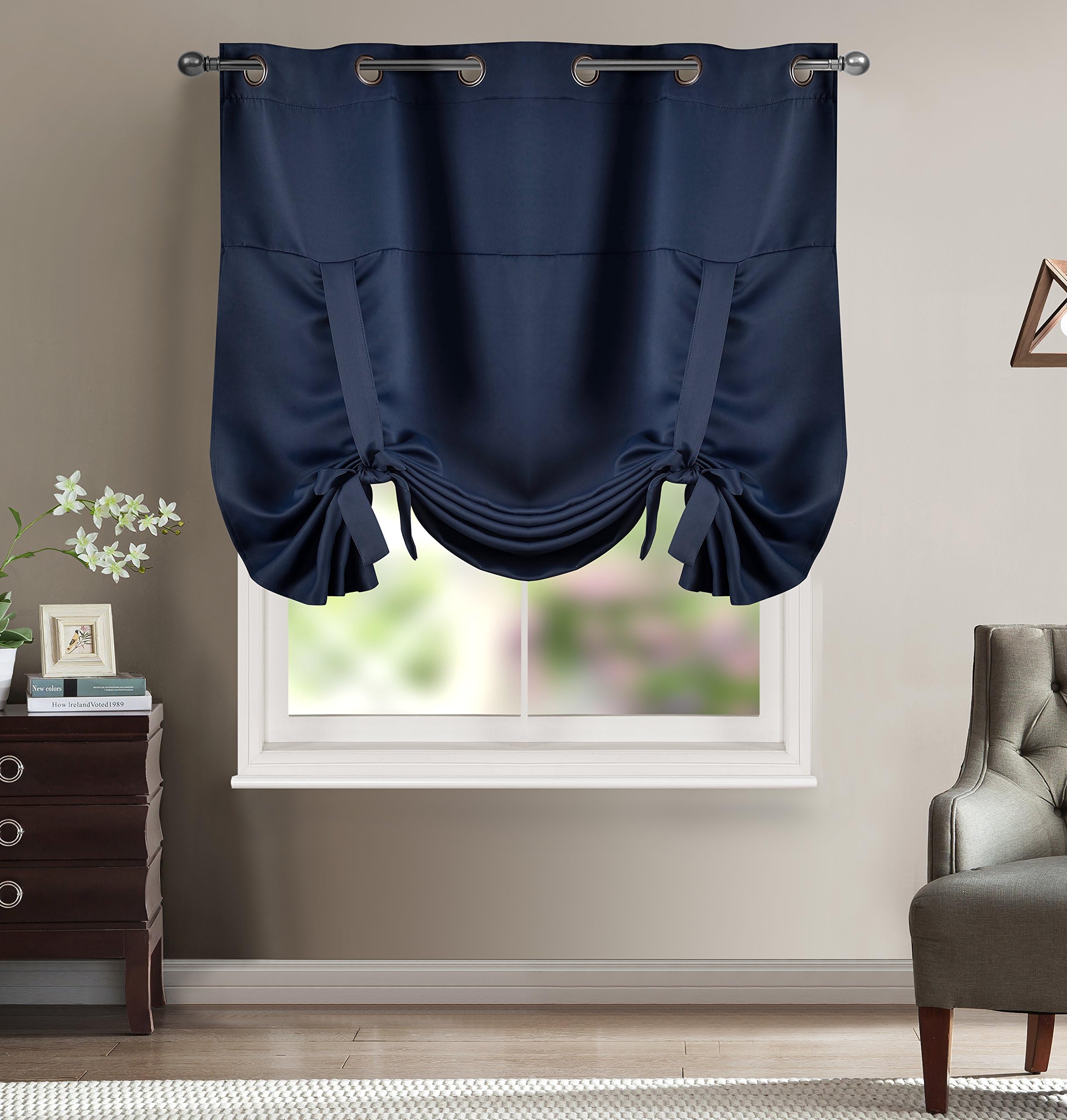 Blackout Curtain Thermal Insulated Blind - Tie Up Shade for Kitchen Window by Better Home USA - Navy, Grommet Top Panel, 46"W x 63"L