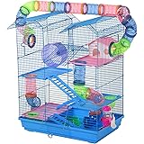 PawHut 5 Tiers Hamster Cage Small Animal Rat House with Exercise Wheels, Tube Water Bottles, and Ladder, Blue