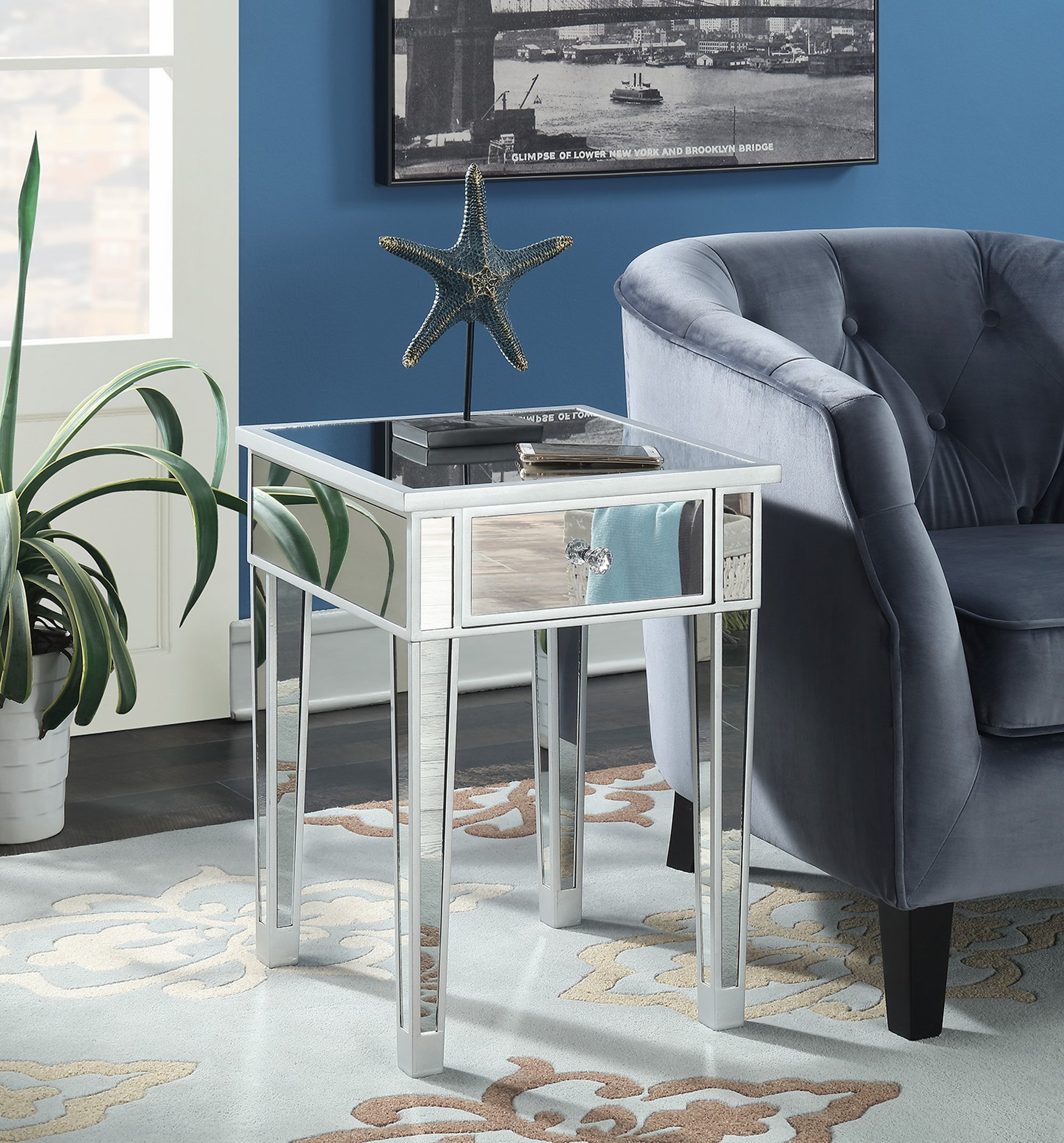 Convenience Concepts Gold Coast Mirrored End Table with Drawer, Silver