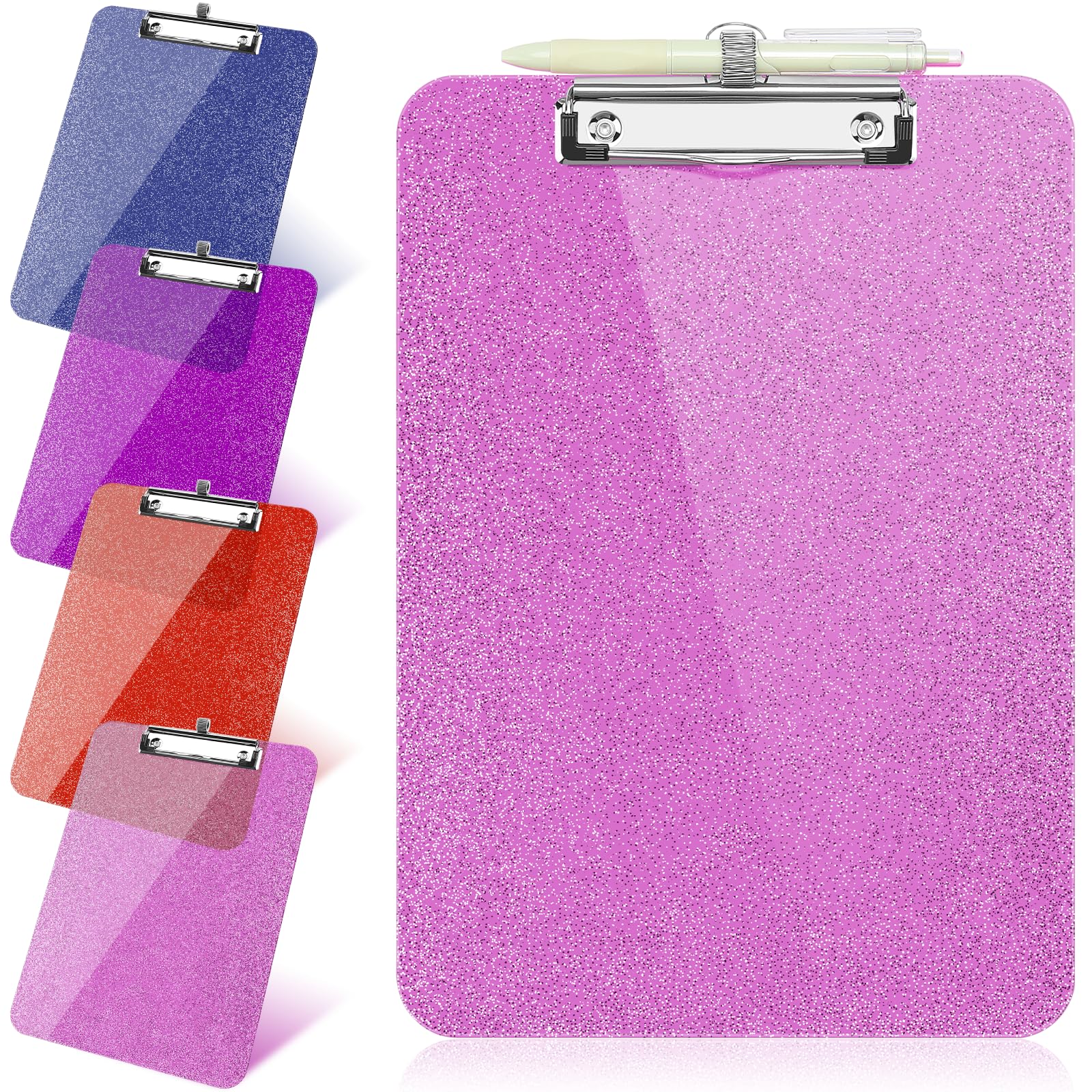 View 1 of 1 Pcs Clear Glitter Clipboards, Plastic Clipboard with Pen Holder,Size 8.85 x 12.4 in Shiny Clipboards with Low Profile Clip,Cute Hanging Clipboard for Office Supplies Sparkly Clip Board-Rose Pink