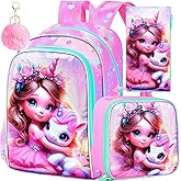 AGSDON 3PCS Unicorn Backpack for Girls, 16" Kids Backpacks for Girl Water Resistant Preschool, Elementary Bookbag with Lunch Box