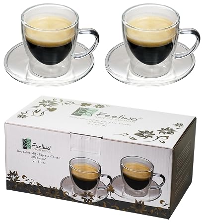 Feelino 2X 80ml doppelwandige Espresso-Tassen mit Henkel und Untersetzer, modern, Zeitloses Design in toller Verpackung, by