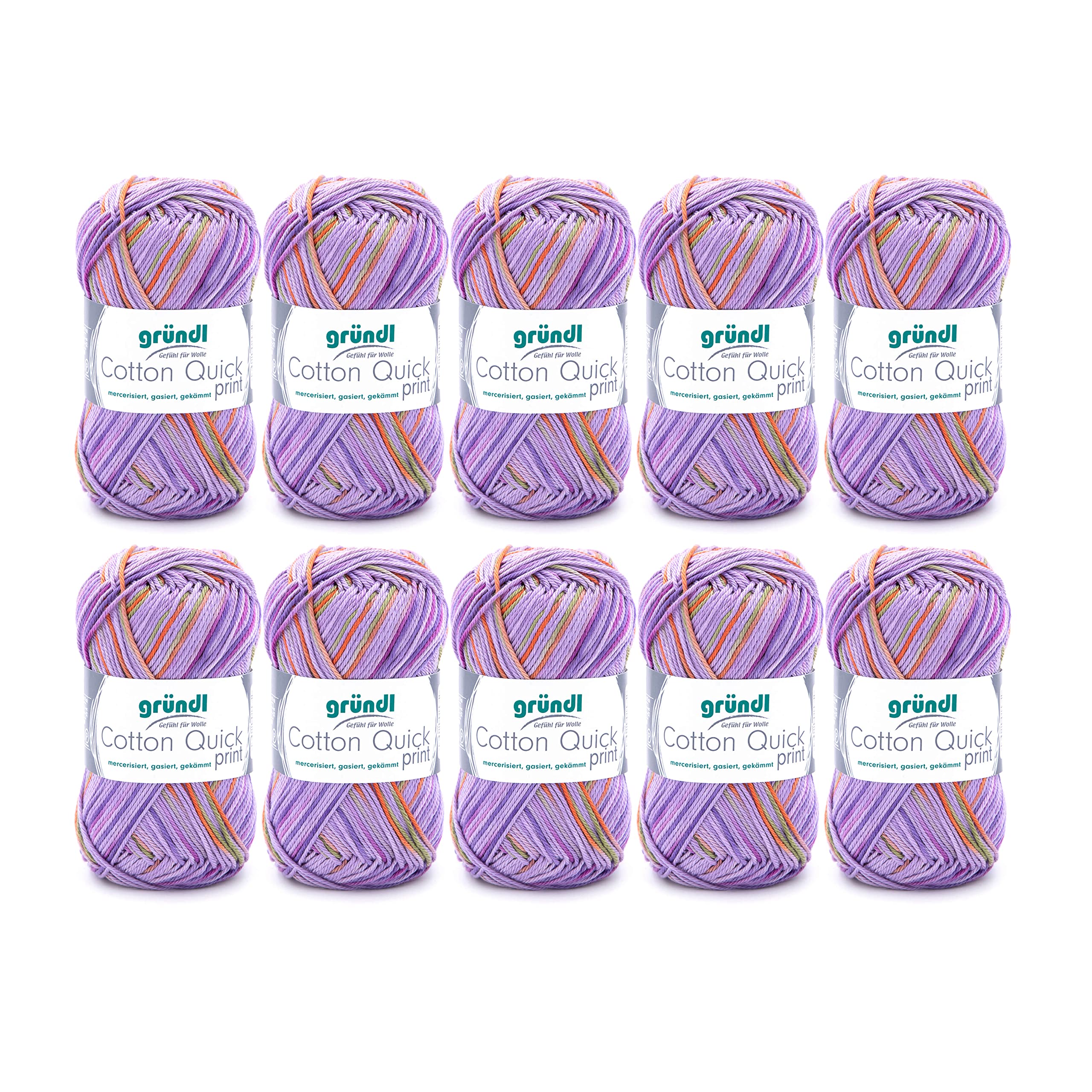 Gründl Cotton Quick Print Knitting Yarn/Crochet Yarn (Colourful Yarn Made of 100% Cotton, Oeko-Tex Certified, 50 g/125 m, Needle Size: 3-4, 10 x 50 g), Purple/Green/Orange Multicolour, 35 x 24 x 7 cm — image 1