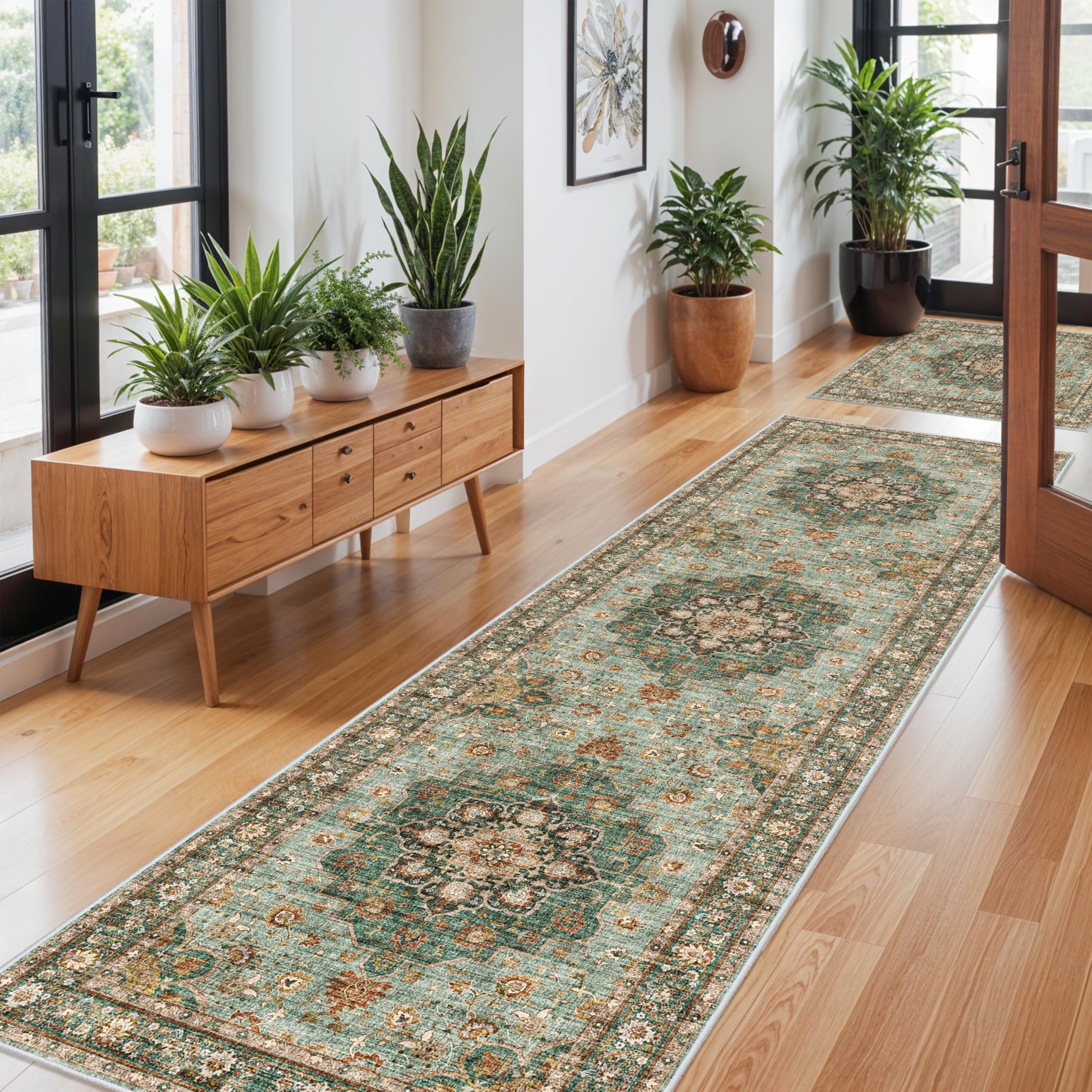 Washable Oriental Hallway Runner Rug - 3x10 Rugs for Living Room Soft Carpet for Bedroom Kitchen Waterproof Floral Distressed Indoor Stain Resistant Non-Shedding Floor Carpets (Green, 3X10) Image Washable Oriental Hallway Runner Rug - 3x10 Rugs for Living Room Soft Carpet for Bedroom Kitchen Waterproof Floral Distressed Indoor Stain Resistant Non-Shedding Floor Carpets (Green, 3X10) Image