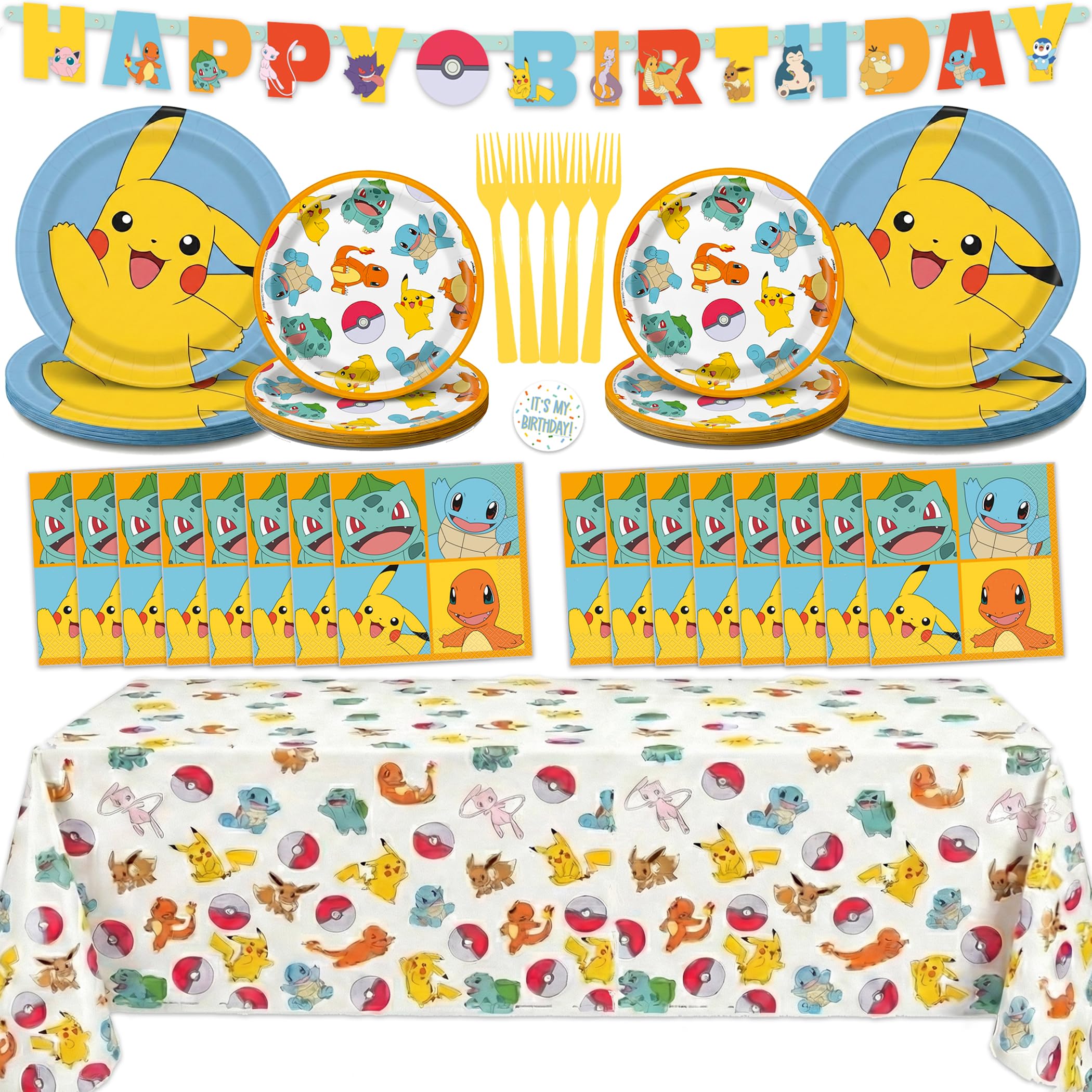 Pokemon Birthday Decorations Party Supplies for 16 - Officially Licensed Banner, Tablecloth, Dinner & Dessert Plates, Napkins, Forks, Sticker | Officially Licensed