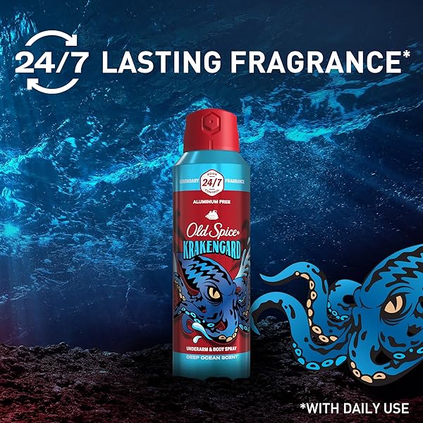 OLD SPICE ALUMINUM FREE BODY SPRAY FOR MEN, 24/7 ODOR PROTECTION, 24/7 LASTING FRAGNANCE & FRESHNESS, COLOGNE QUALITY SCENT, KRAKENGARD WITH DEEP OCEAN SCENT, 5.1 OZ (PACK OF 2)