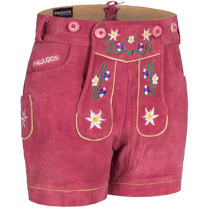 PAULGOS Damen Trachten Lederhose + Träger, Echtes Leder, Kurz in 8 Farben Gr. 34-50 M1