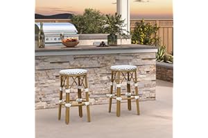 PURPLE LEAF Patio Round Counter Height Stool Set of 2 Outdoor Backless Barstools Aluminum Frame in Bamboo Finish with White & Blue Woven Rattan for Indoor Kitchen Dining Bistros Cafe Restaurant
