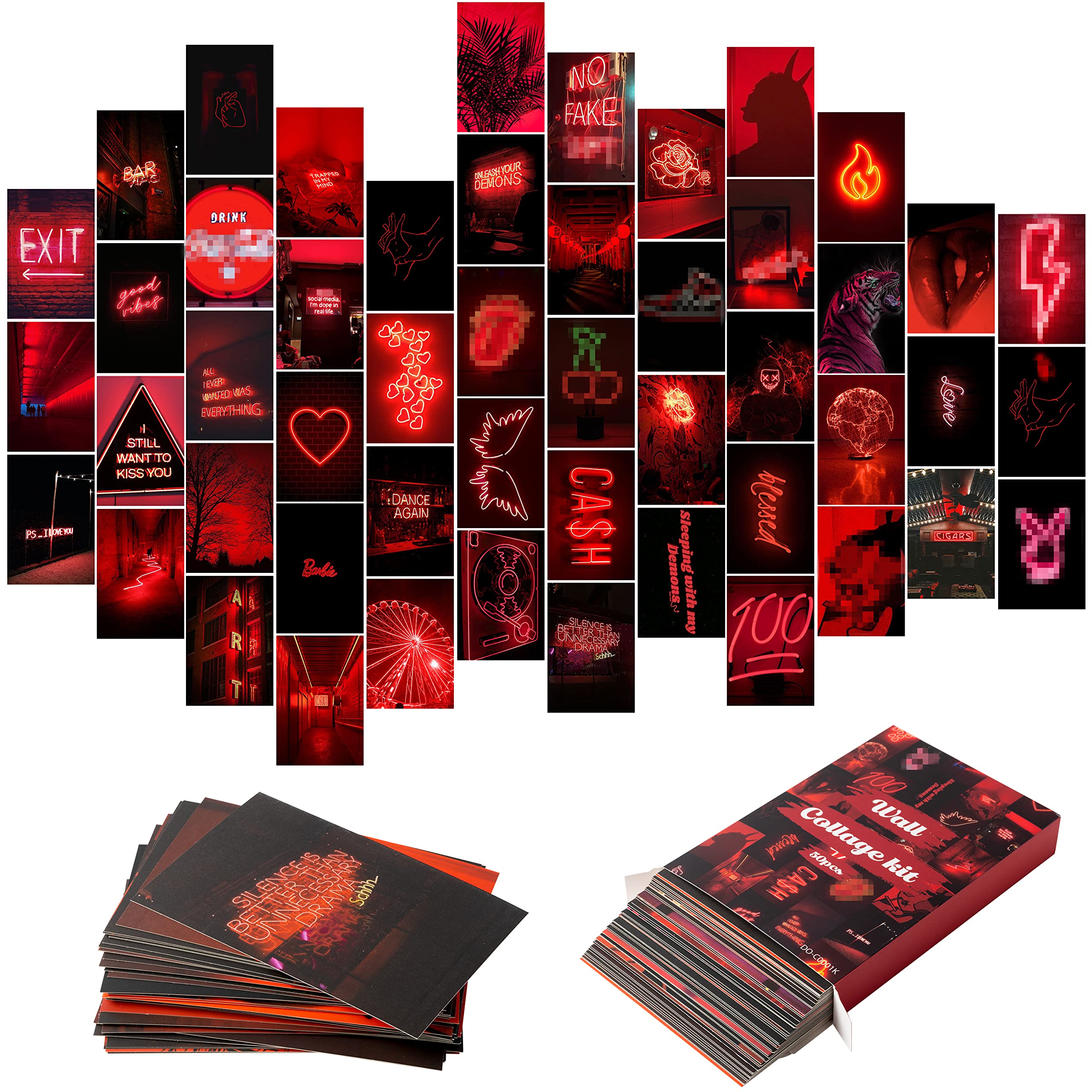 50PCS Red Neon Aesthetic Pictures Wall Collage Kit, Neon Red Photos Collections Collage Dorm Decors for Girl Teens and Women, Trendy Wall Prints Kit, Small Posters for Room Bedroom Aesthetic