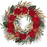 Artificial Red Christmas Wreath for Front Door 24-26 Inch Christmas Wreath with Norfolk Pine Cones Berries Gold Leaves Red Flower and Ornaments Winter Wreaths for Xmas Home Decor Indoor Outdoor Party
