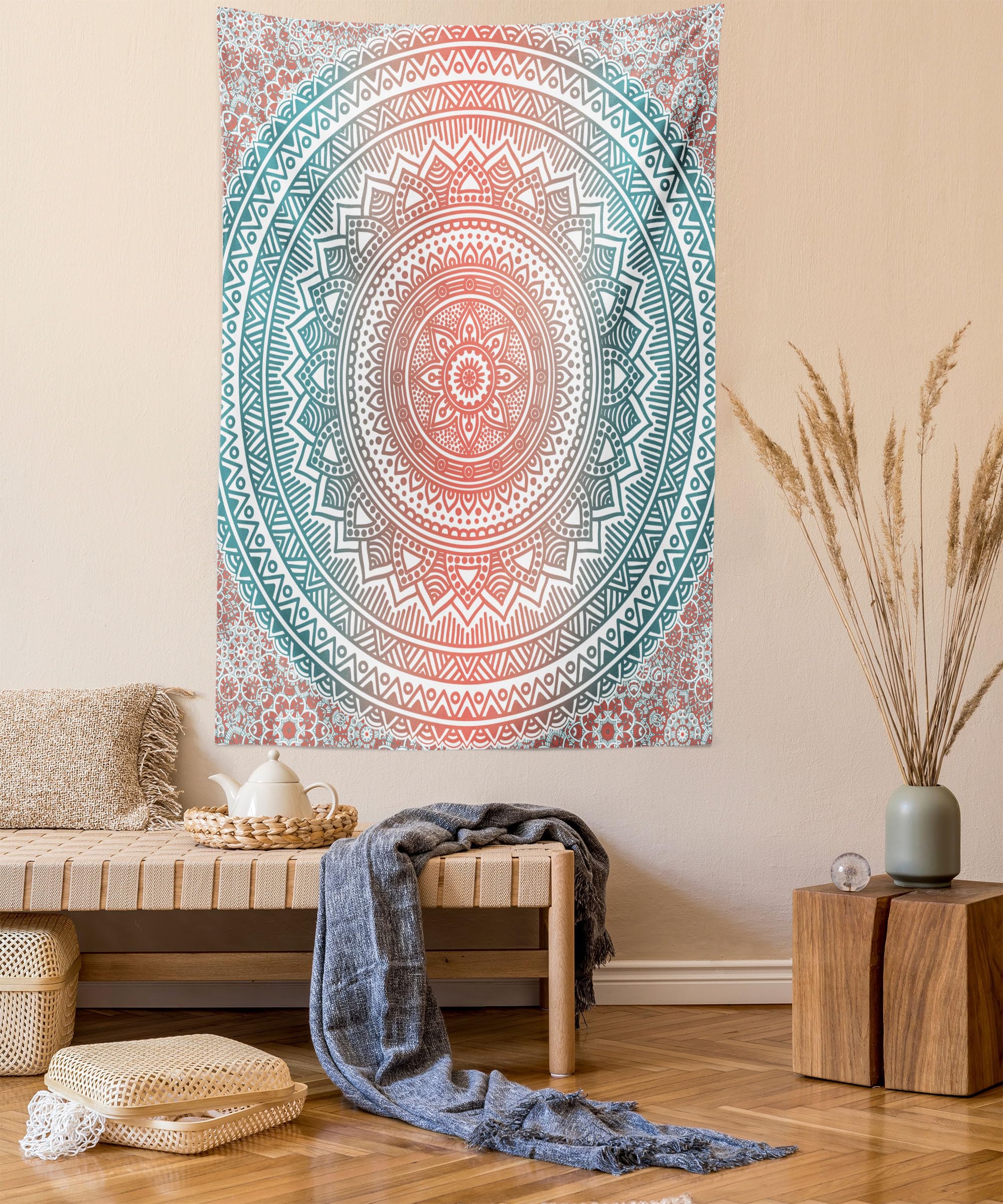 ABAKUHAUS Teal and Coral Tapestry, Ombre Mandala Art Antique Gypsy Folk Pattern Mystical Cosmos Image, Fabric Wall Hanging Decor for Bedroom Living Room Dorm, 54 W X 90 L, Teal Coral