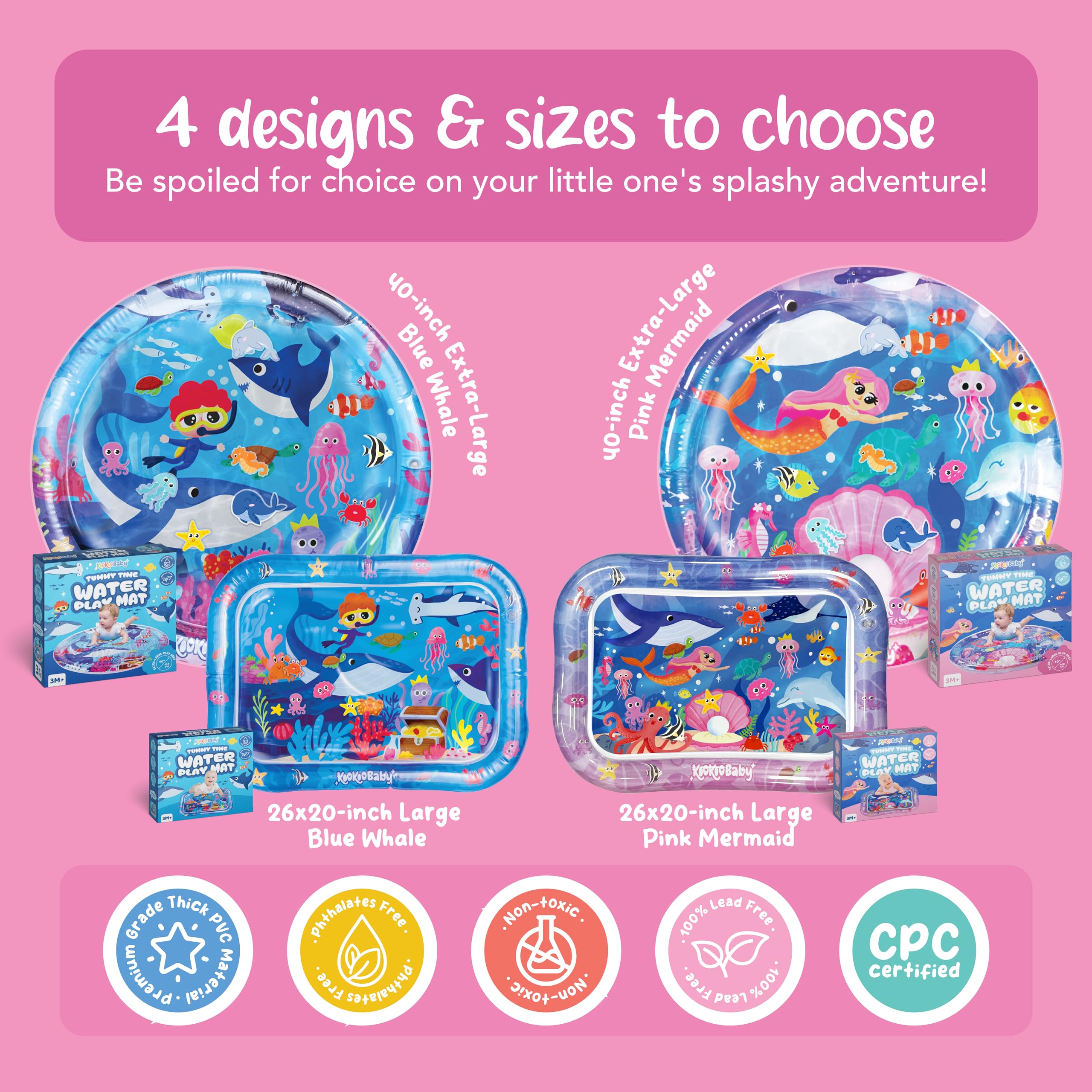 KooKooBaby Water Tummy Time Mat - Large Sensory Baby Water Mat for Tummy Time & Motor Development - Leak-Proof, Durable Play Mat for Babies 3 Months+ - Infant Water Play Mat for Baby Boys & Girls