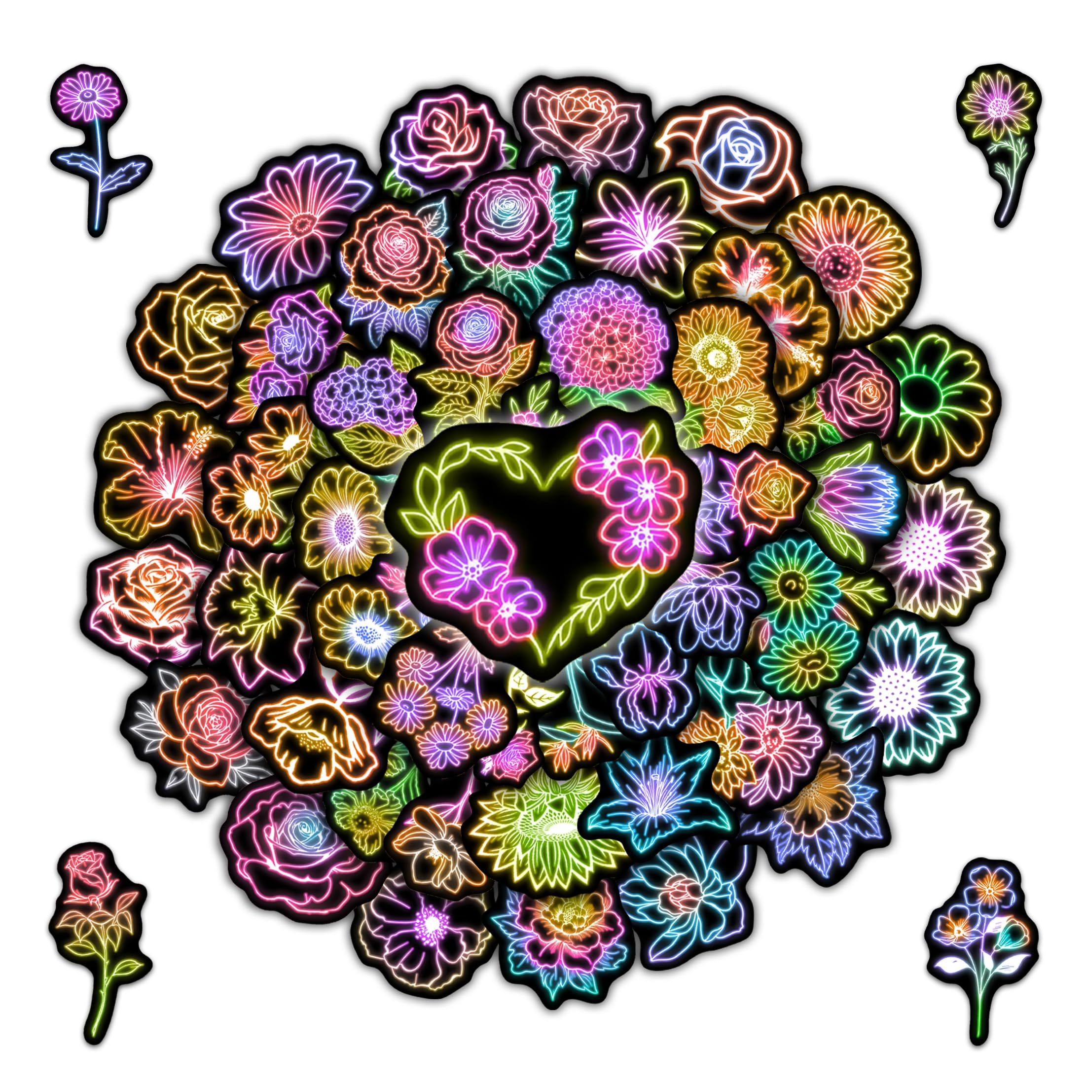 Photo 1 of 51PCS Neon Flower Water Bottle Stickers for Kids, Adults Flower Aesthetic Waterproof Vinyl Laptop Decals, Phone Case Skateboard Scrapbook Luggage Mug Decorative Sticker