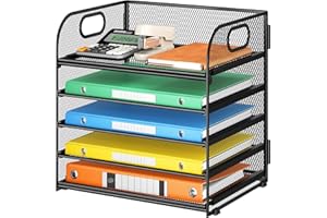 Lavatino 5 Tray Desk File Organizer, Black Mesh Paper Sorter Letter Tray Organizer with Handle, Desktop File Organizer and Storage for Letter/A4 Office File Folder