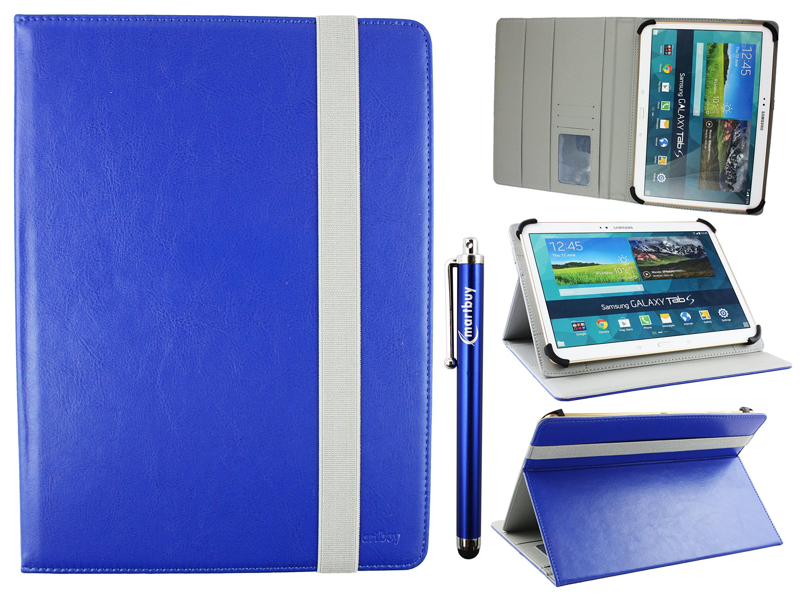 Emartbuy Universal 9.1 Inch - 10.5 Inch Royal Blue Multi Angle Folio Wallet Case Cover With Card Slots Grey Elastic Strap and Stylus Pen Compatible With Selected Devices Listed Below