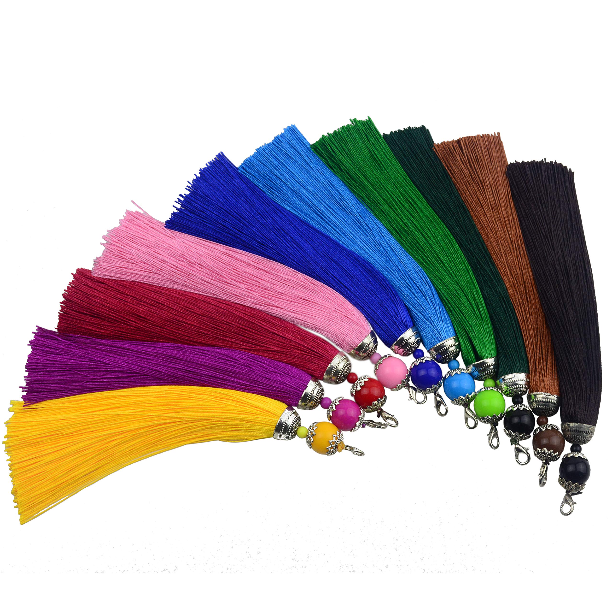 Makhry 10pcs 6.3 Inches Handmade Silky Floss Lobster Clasp Tassel Key Chain Beads Bookmark Tassel Pendant for DIY Craft Jewelry Women Earring (Multi, Long)