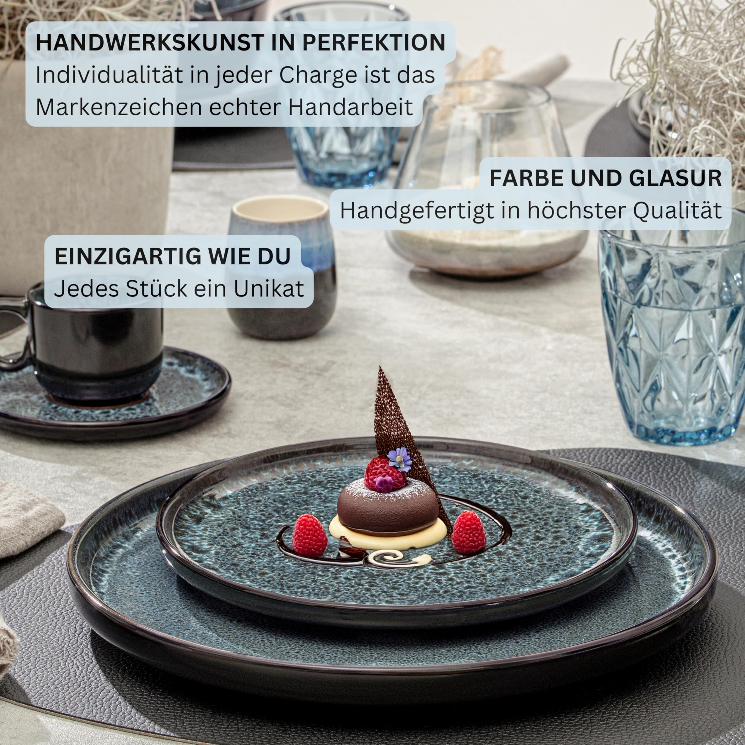 SÄNGER Manila | Tafelservice 24 teilig, Steingut Geschirr Set 6 Personen, 6x Teller Set 6x Frühstücksteller 6x Tiefe Teller 6x Pastaschalen blau mit schwarzem Rand | VALUE COLLECTION 5