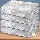 Grey Pattern Bath Towels, 4PC 28"x 52" - 100% Cotton | Lightweight | Absorbent, Quick Dry Bath Towel, Grey Decorative Bath Towels for Bathroom, Damask Jacquard Shower Towel Gift Set, Gray and White